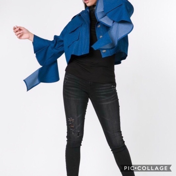 Cascade Ruffle Sleeve Crop Denim Jacket - Picture 2 of 4